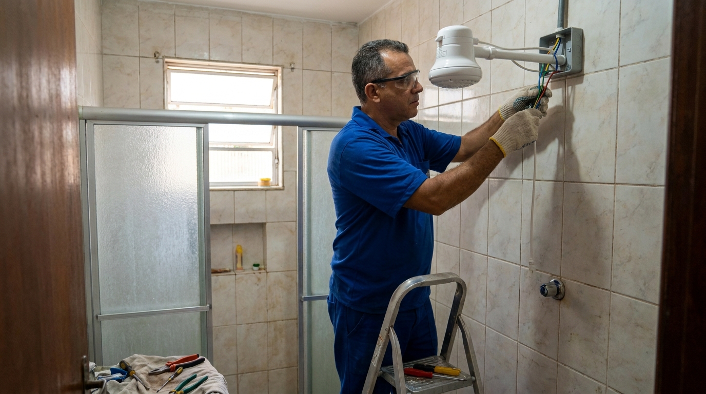 Eletricista instalando chuveiro eletrico em Betim‑MG