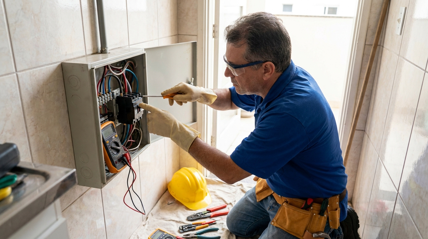 Eletricista instalando disjuntor em Betim‑MG